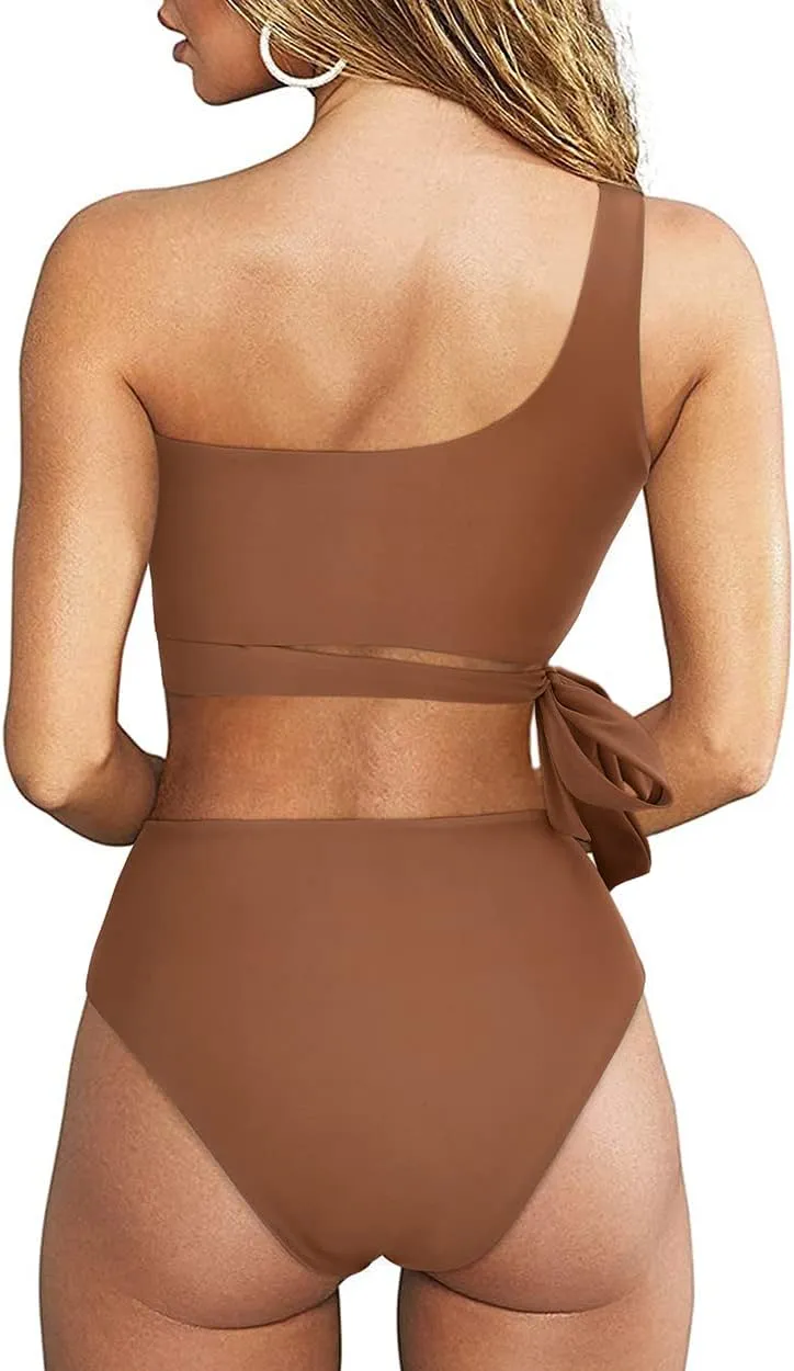 MOOSLOVER Women One Shoulder High Waisted Bikini Tie High Cut Two Piece Swimsuits
