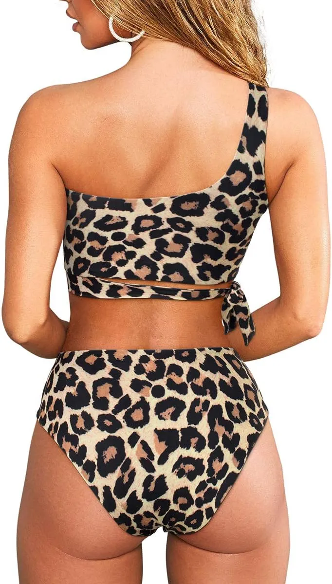 MOOSLOVER Women One Shoulder High Waisted Bikini Tie High Cut Two Piece Swimsuits