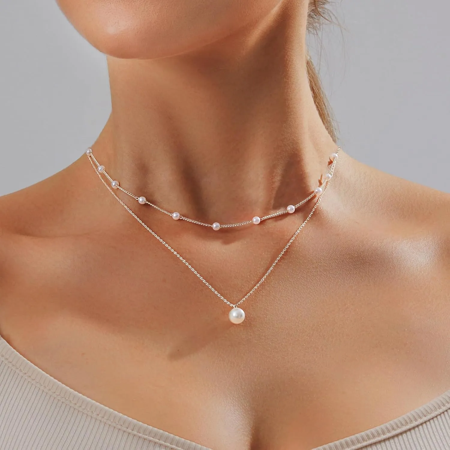 OGD Gold Pearl Necklaces Set for Women 14K Gold Plated Dainty Layered Pearl Cute Daisy Pearl Choker Gold Necklace Gifts for Women Gold Trendy Jewelry Gifts