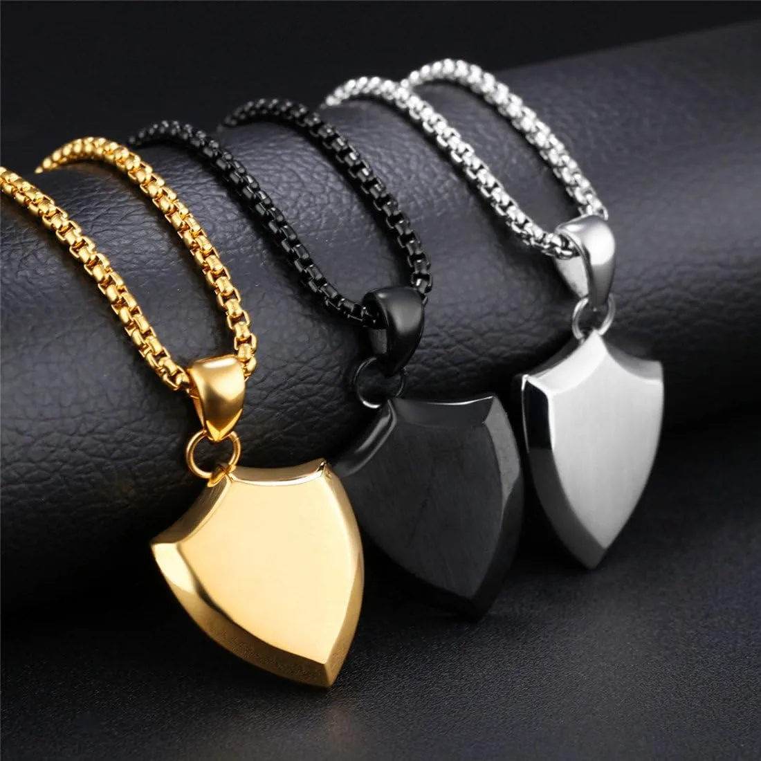 PAMTIER Men's Stainless Steel Dog Tag Triangle Shield Pendant Necklace Polished Silver/Rose/Gold/Black