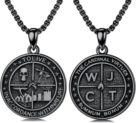 PELOVNY Memento Mori Necklace 925 Sterling Silver Amor Fati Stoic Four Virtues Necklace Nature Jewelry Christmas Stoicism Gifts for Men Women Black/Gold/Silver