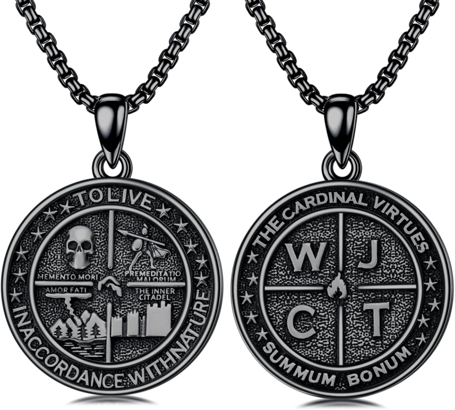 PELOVNY Memento Mori Necklace 925 Sterling Silver Amor Fati Stoic Four Virtues Necklace Nature Jewelry Christmas Stoicism Gifts for Men Women Black/Gold/Silver