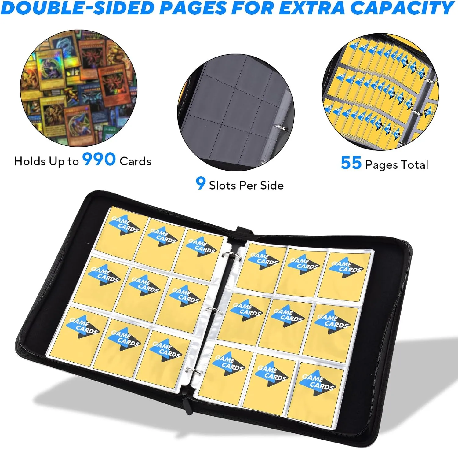 Portable 9-Pocket Trading Card Binder, Holds 990 Cards with 55 Removable Double-Sided Sleeves, Baseball Card Binder Card Storage Organizer Album for Boys, Girls, Sports & Game Cards