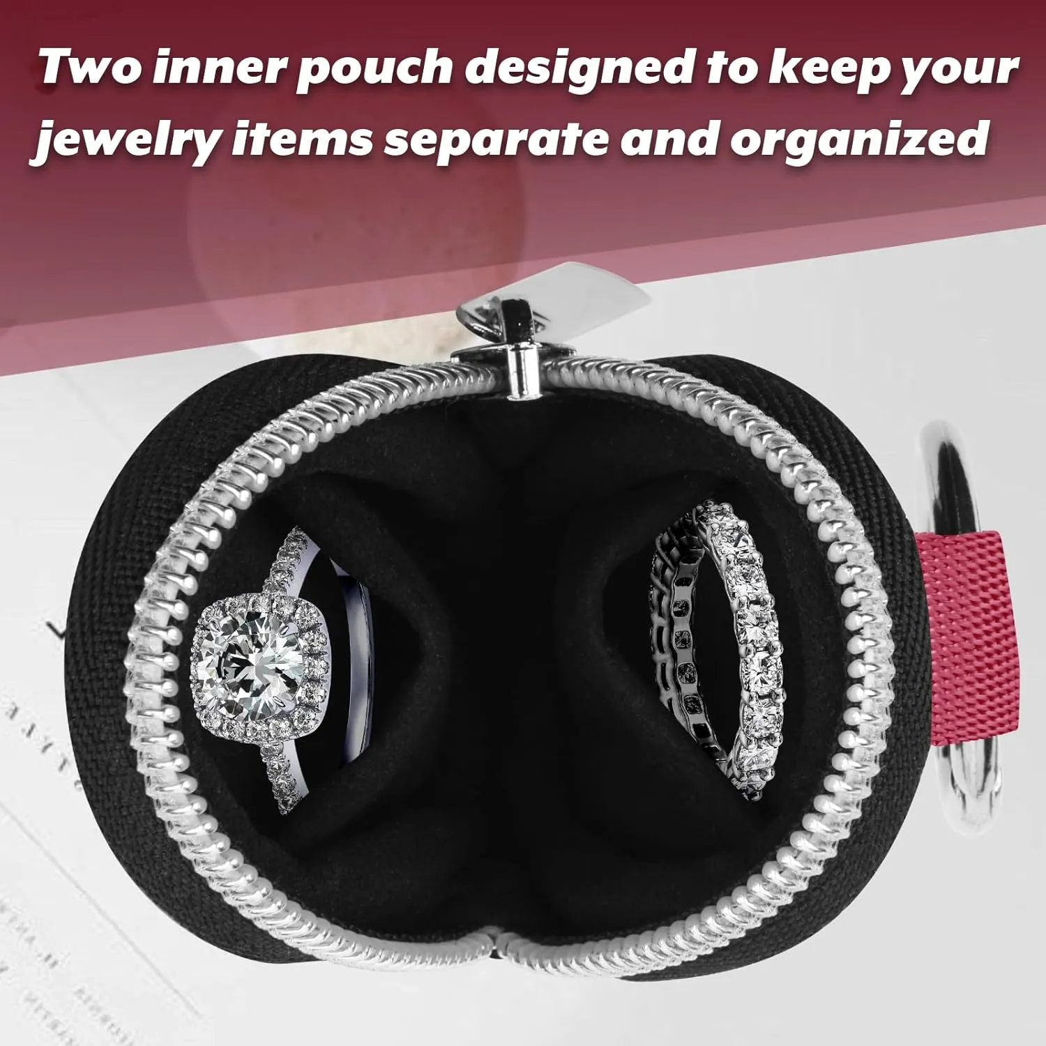 Portable Ring Organizer Case with Keychain, Traveling Ring Holder Storage Bag, Anti-Lost Keychain Container for Smart Rings, Jewelry (1, Burgundy)