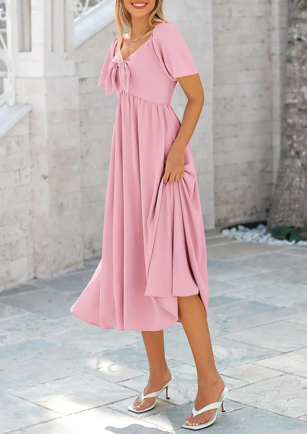 PRETTYGARDEN 2025 Summer Dress for Women Casual Short Sleeve Bow Tie V Neck Ruffle Midi Flowy Dresses