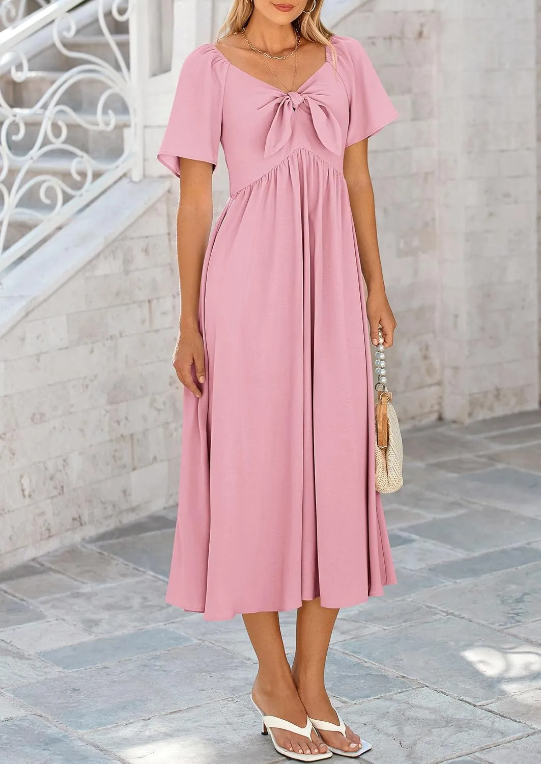 PRETTYGARDEN 2025 Summer Dress for Women Casual Short Sleeve Bow Tie V Neck Ruffle Midi Flowy Dresses