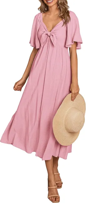PRETTYGARDEN 2025 Summer Dress for Women Casual Short Sleeve Bow Tie V Neck Ruffle Midi Flowy Dresses