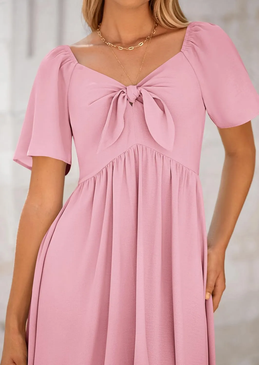 PRETTYGARDEN 2025 Summer Dress for Women Casual Short Sleeve Bow Tie V Neck Ruffle Midi Flowy Dresses