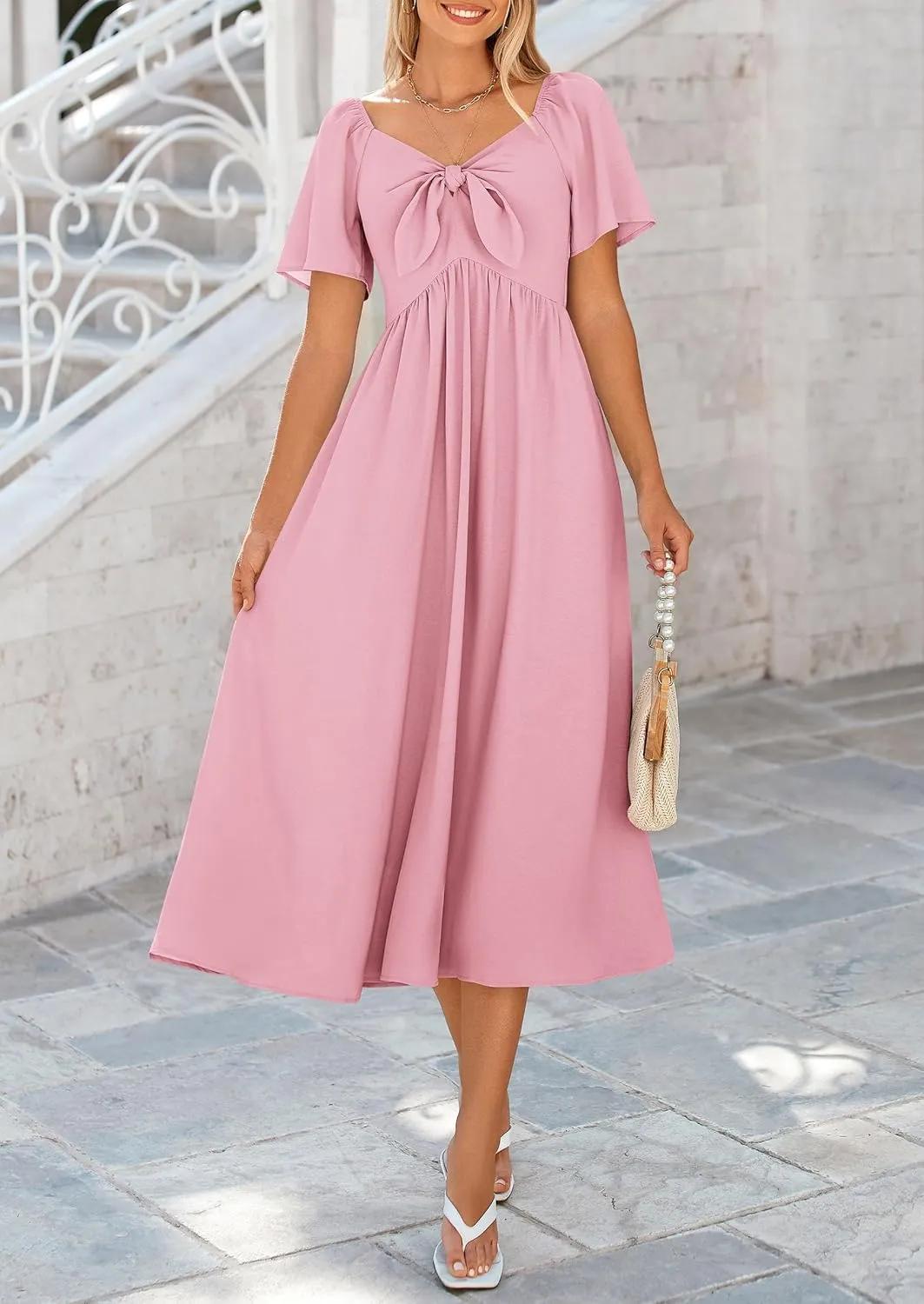 PRETTYGARDEN 2025 Summer Dress for Women Casual Short Sleeve Bow Tie V Neck Ruffle Midi Flowy Dresses