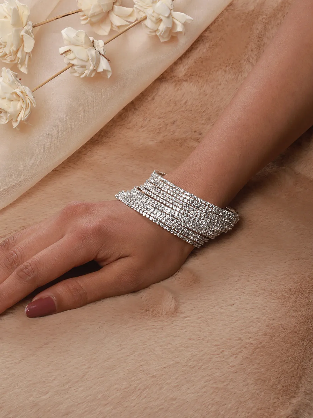 Set Of 12 Silver-Plated Cz-Studded Bangles