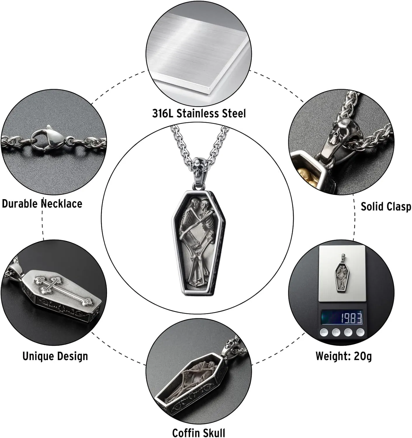 Skull Necklace for Men Stainless Steel Gothic Punk Emo Biker Necklace Jewelry for Men 60cm