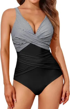 Smismivo Tummy Control Swimsuits for Women Slimming One Piece Bathing Suit Retro Ruched Push Up Vintage Padded Swimwear
