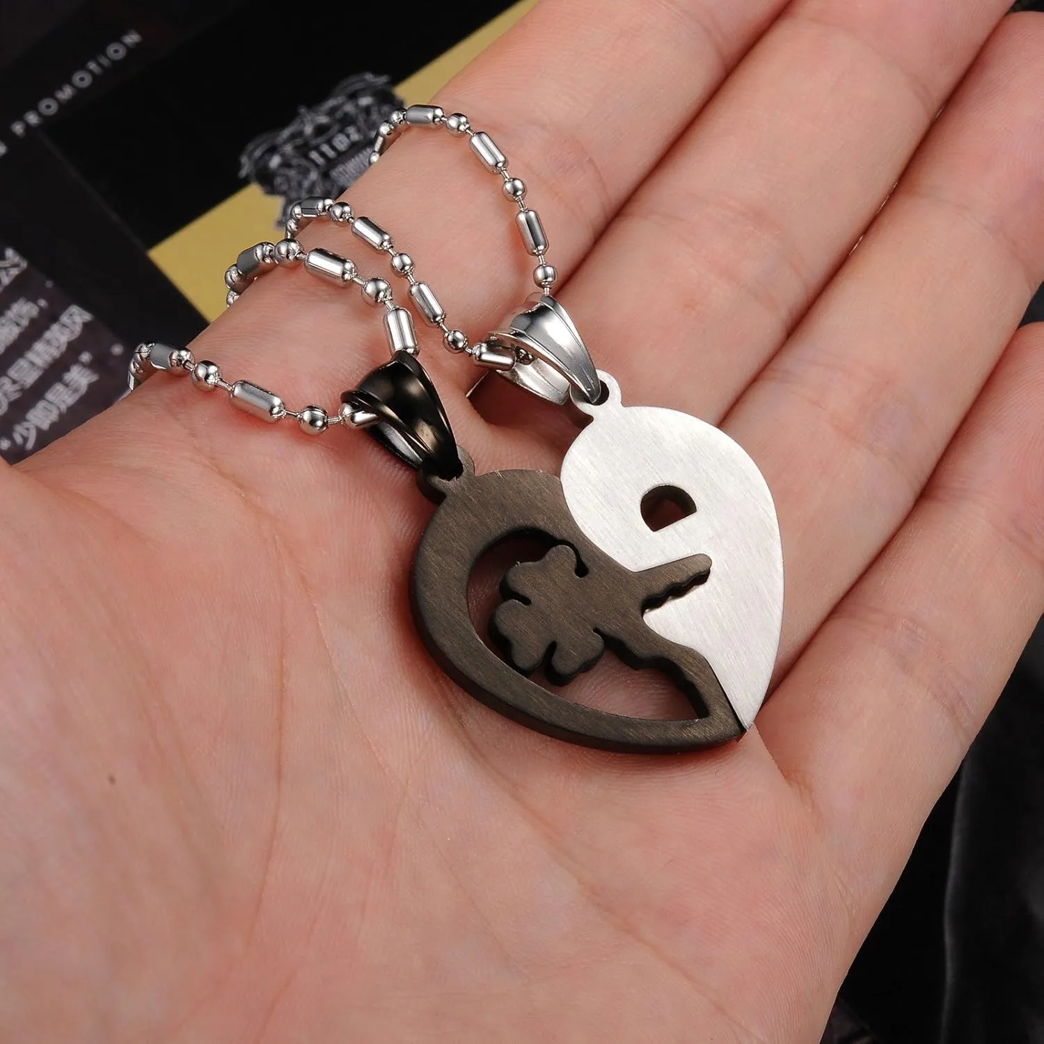 Stainless Steel His and Her Heart Lock Key Matching Puzzle Couples Pendant Necklace