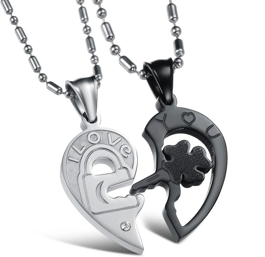 Stainless Steel His and Her Heart Lock Key Matching Puzzle Couples Pendant Necklace