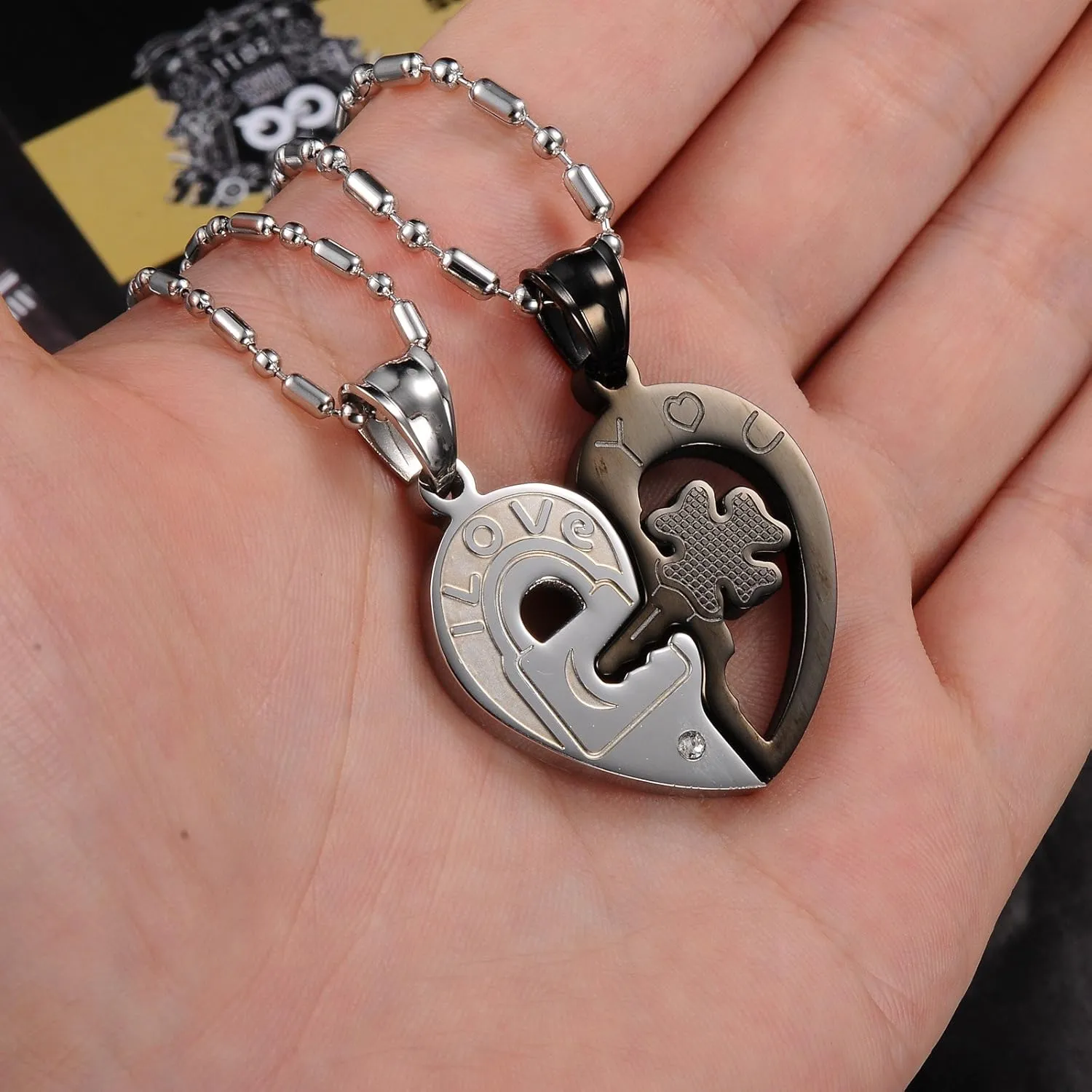 Stainless Steel His and Her Heart Lock Key Matching Puzzle Couples Pendant Necklace