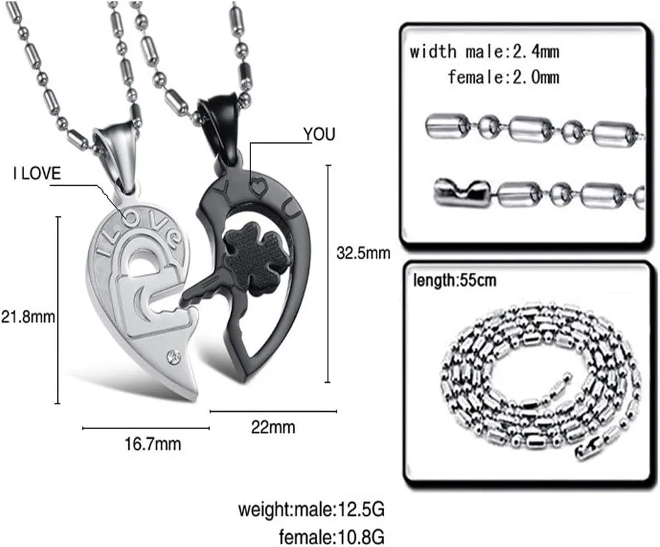 Stainless Steel His and Her Heart Lock Key Matching Puzzle Couples Pendant Necklace