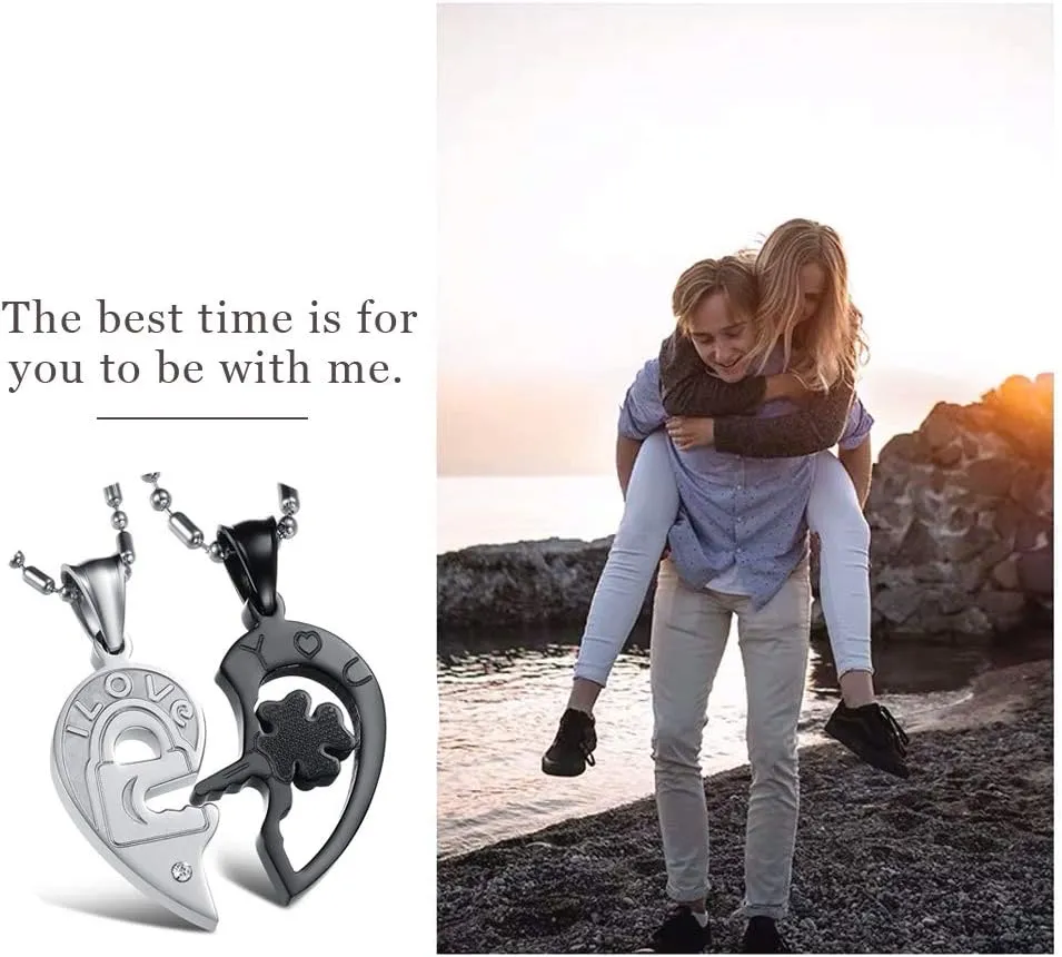 Stainless Steel His and Her Heart Lock Key Matching Puzzle Couples Pendant Necklace