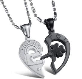 Stainless Steel His and Her Heart Lock Key Matching Puzzle Couples Pendant Necklace