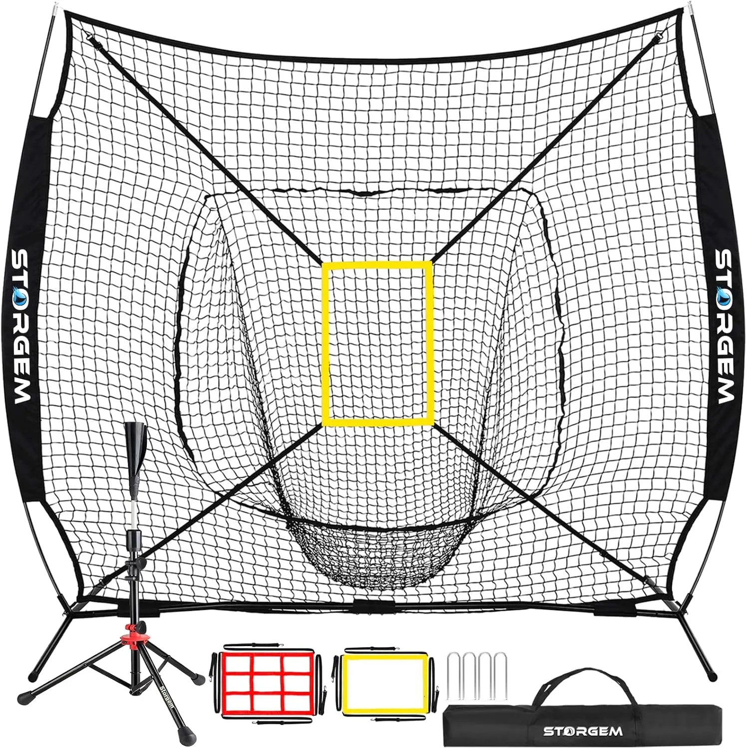 Storgem Baseball and Softball Practice Net 77ft Portable Hitting Pitching Batting Training Net Baseball Backstop Net with Batting Tee and Strike Zone and Bow Frame
