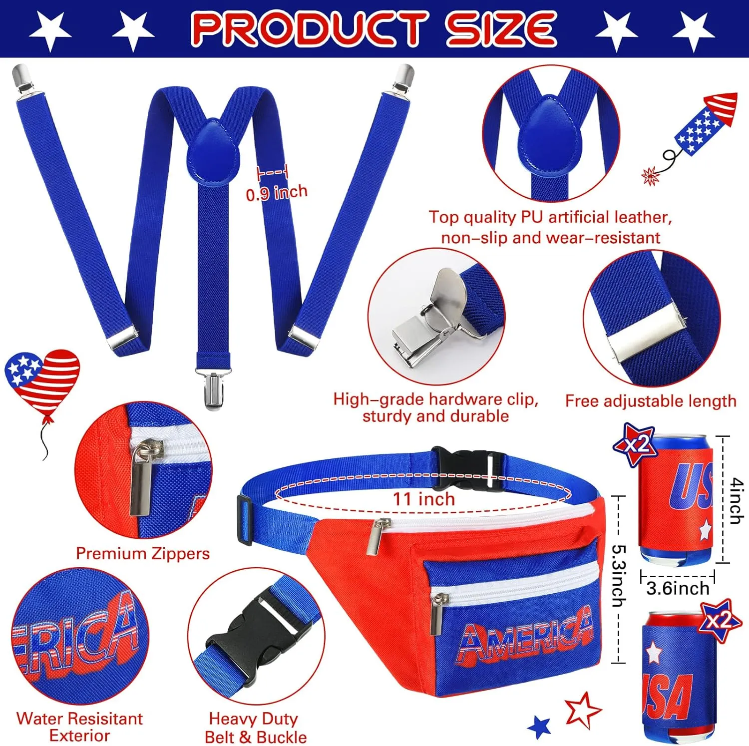 Sweetude America Flag USA 4th of July Fanny Pack Patriotic Beverage Beer Belt Costume Set Outfit Accessories with Drink Holder Sunglasses Striped Sweatband