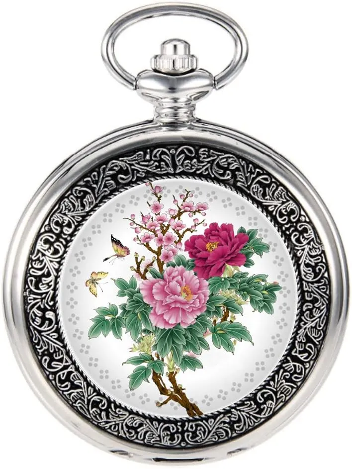 VIGOROSO Quartz Beautiful Peony Bird Enamel Painting Steampunk Silver Pocket Watches in Box