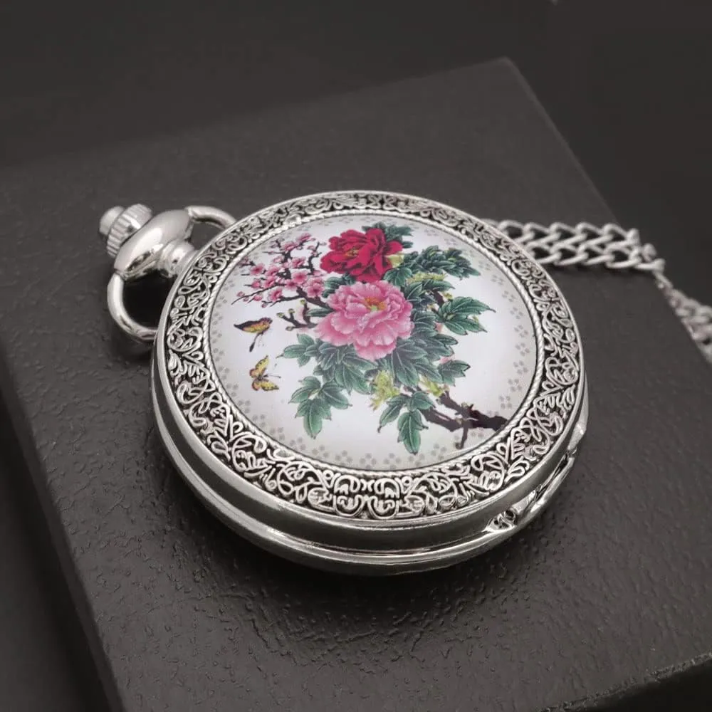 VIGOROSO Quartz Beautiful Peony Bird Enamel Painting Steampunk Silver Pocket Watches in Box