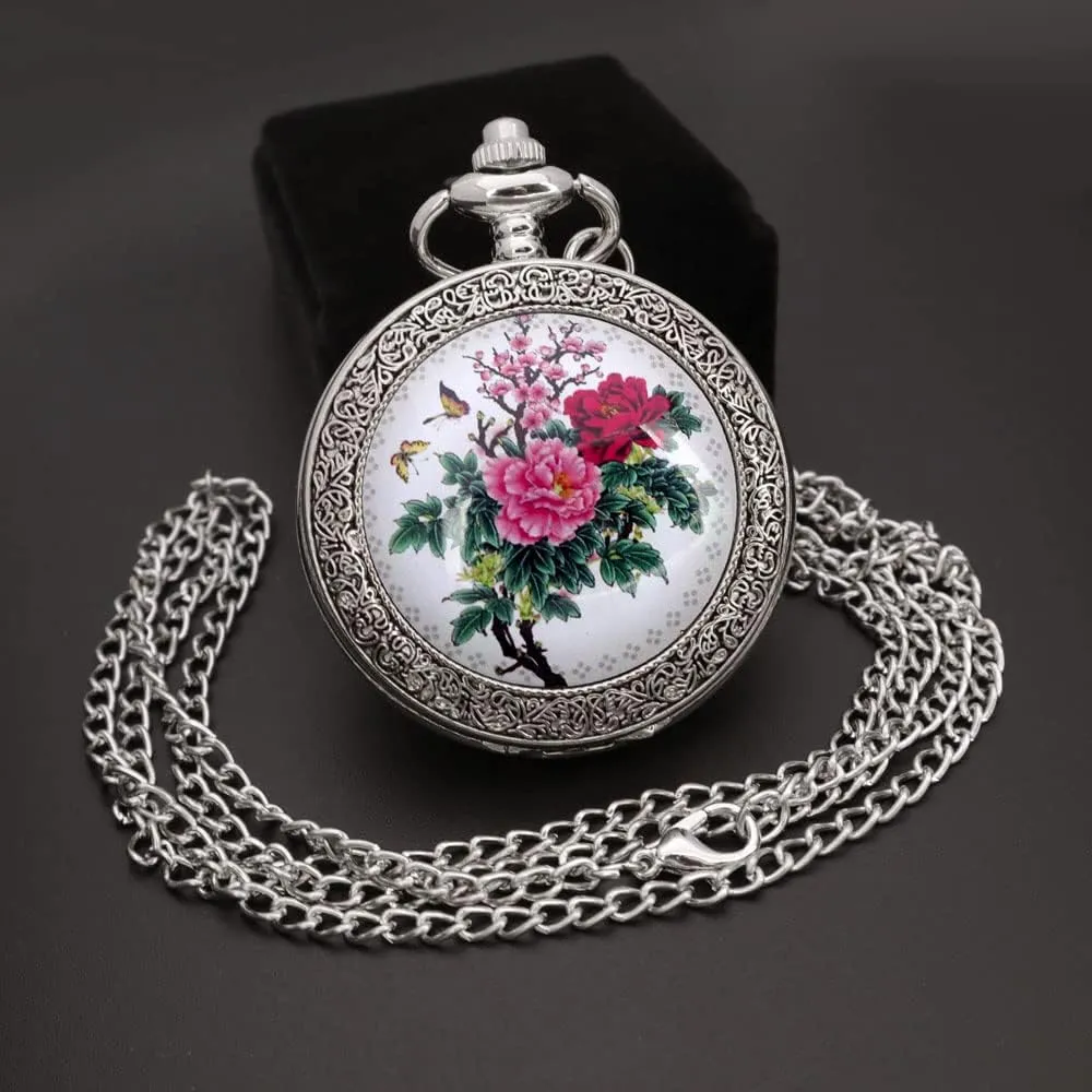 VIGOROSO Quartz Beautiful Peony Bird Enamel Painting Steampunk Silver Pocket Watches in Box