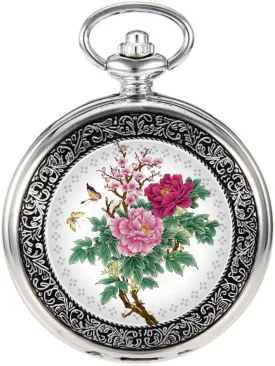 VIGOROSO Quartz Beautiful Peony Bird Enamel Painting Steampunk Silver Pocket Watches in Box