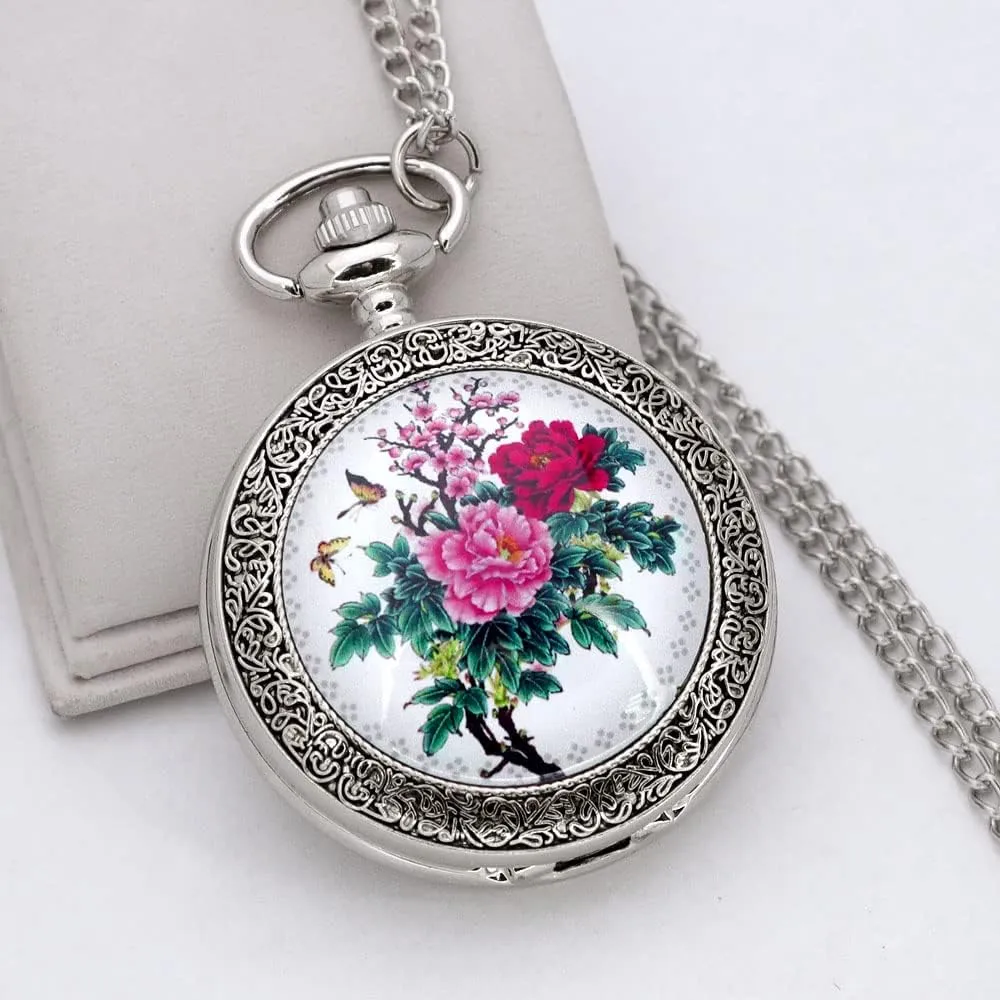 VIGOROSO Quartz Beautiful Peony Bird Enamel Painting Steampunk Silver Pocket Watches in Box