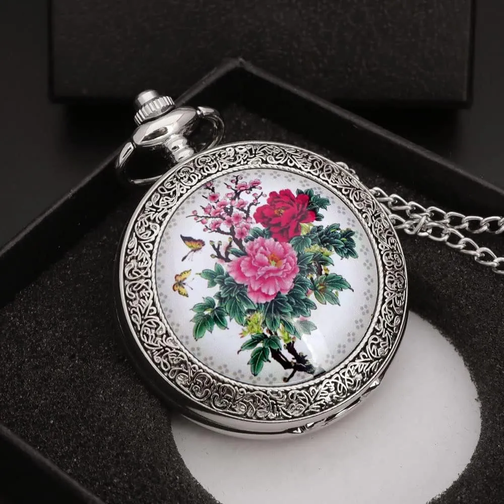 VIGOROSO Quartz Beautiful Peony Bird Enamel Painting Steampunk Silver Pocket Watches in Box