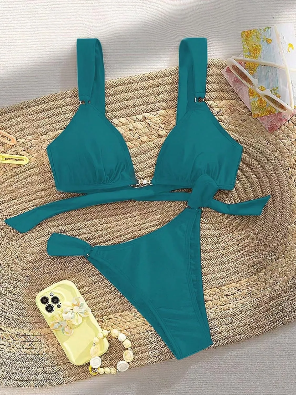 Women's 2 Piece Cheeky Bikini Sets Tie Back Ring Linked Brazilian Swimsuit Sexy Triangle Bathing Suit