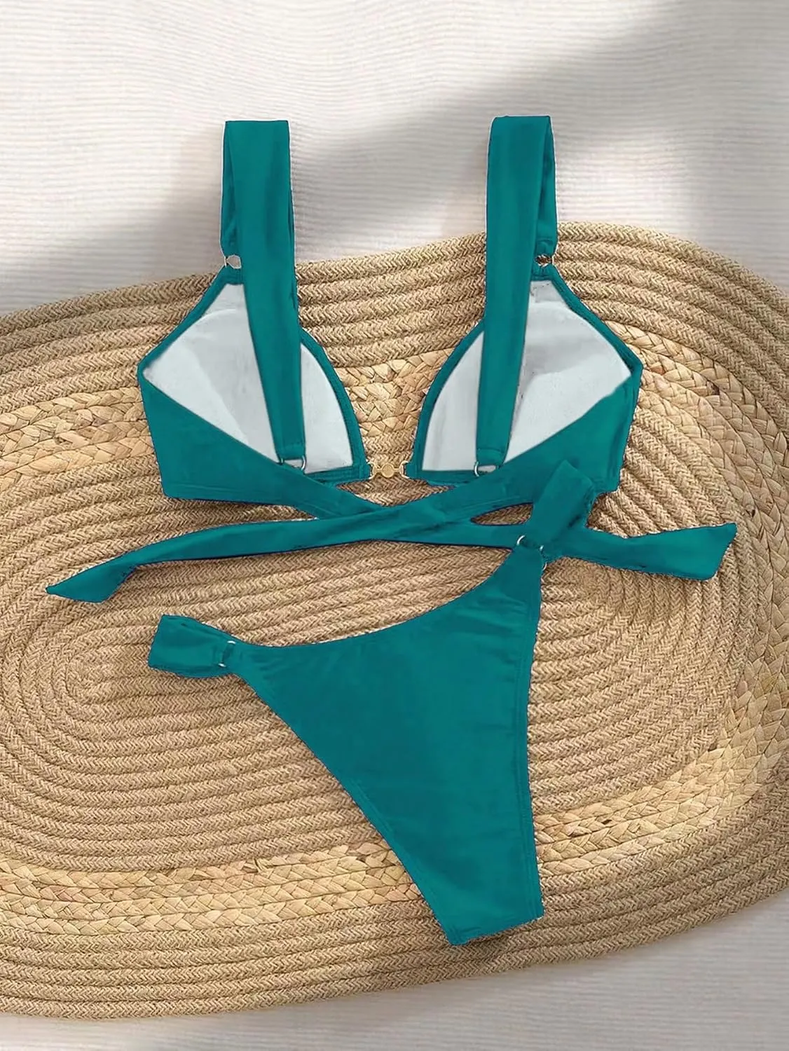 Women's 2 Piece Cheeky Bikini Sets Tie Back Ring Linked Brazilian Swimsuit Sexy Triangle Bathing Suit
