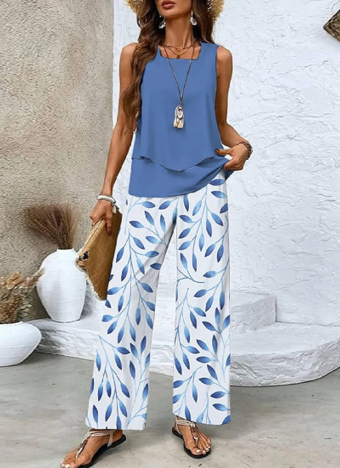 Women's 2 Piece Outfits Green Sleeveless Double Layer Top and Leaf Print Wide Leg Pants Lounge Sets 2025 Summer Trendy