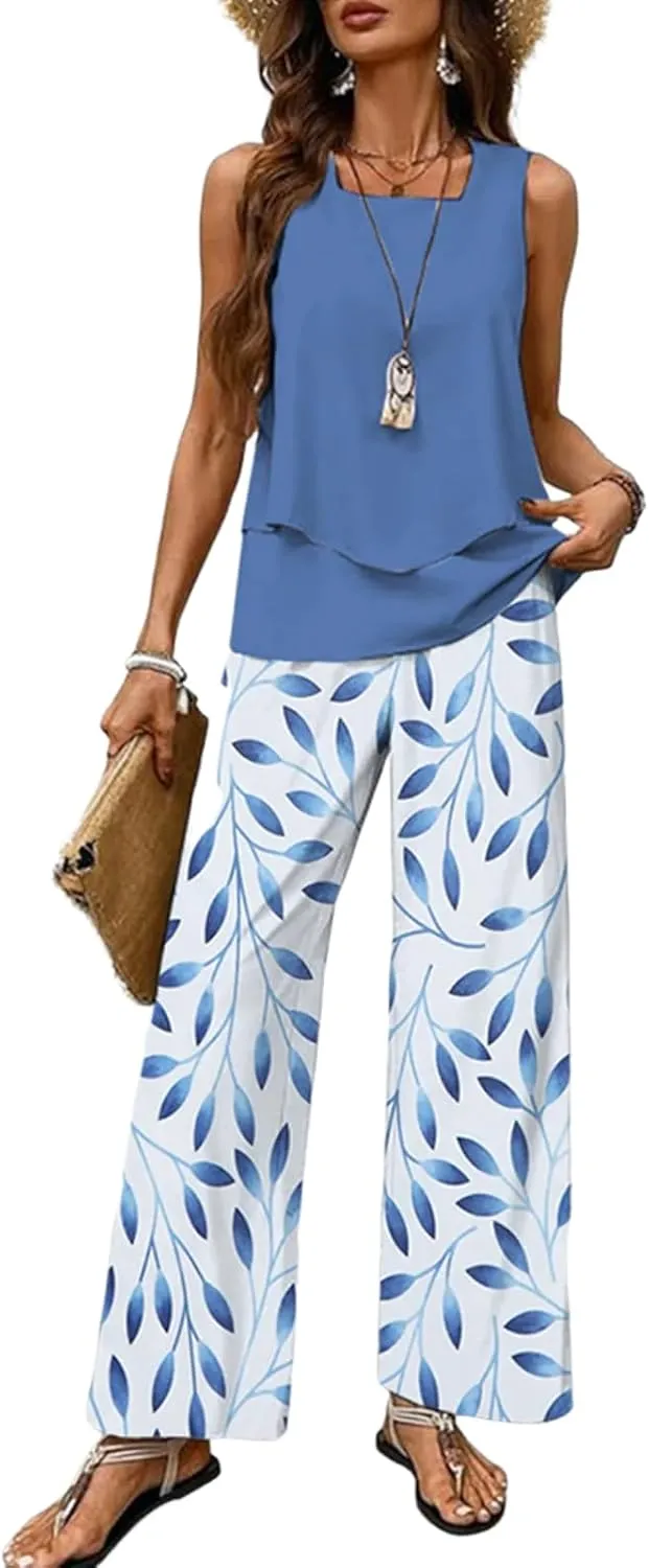 Women's 2 Piece Outfits Green Sleeveless Double Layer Top and Leaf Print Wide Leg Pants Lounge Sets 2025 Summer Trendy