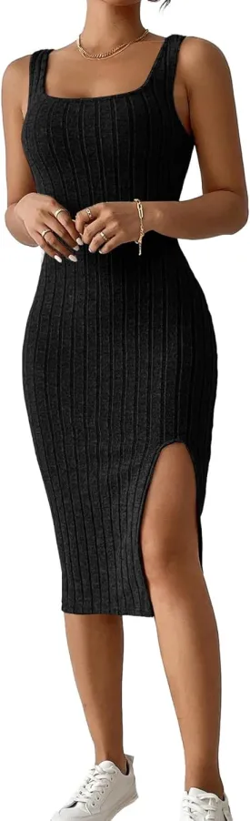 Womens Summer Tank Dress Casual Sleeveless Square Neck Dresses Bodycon Side Slit Sundress Midi Ribbed Sweater Dresses